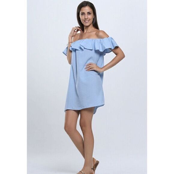 Choies Blue Off Shoulder Ruffle Shift Dress‎ - Picture 2 of 4